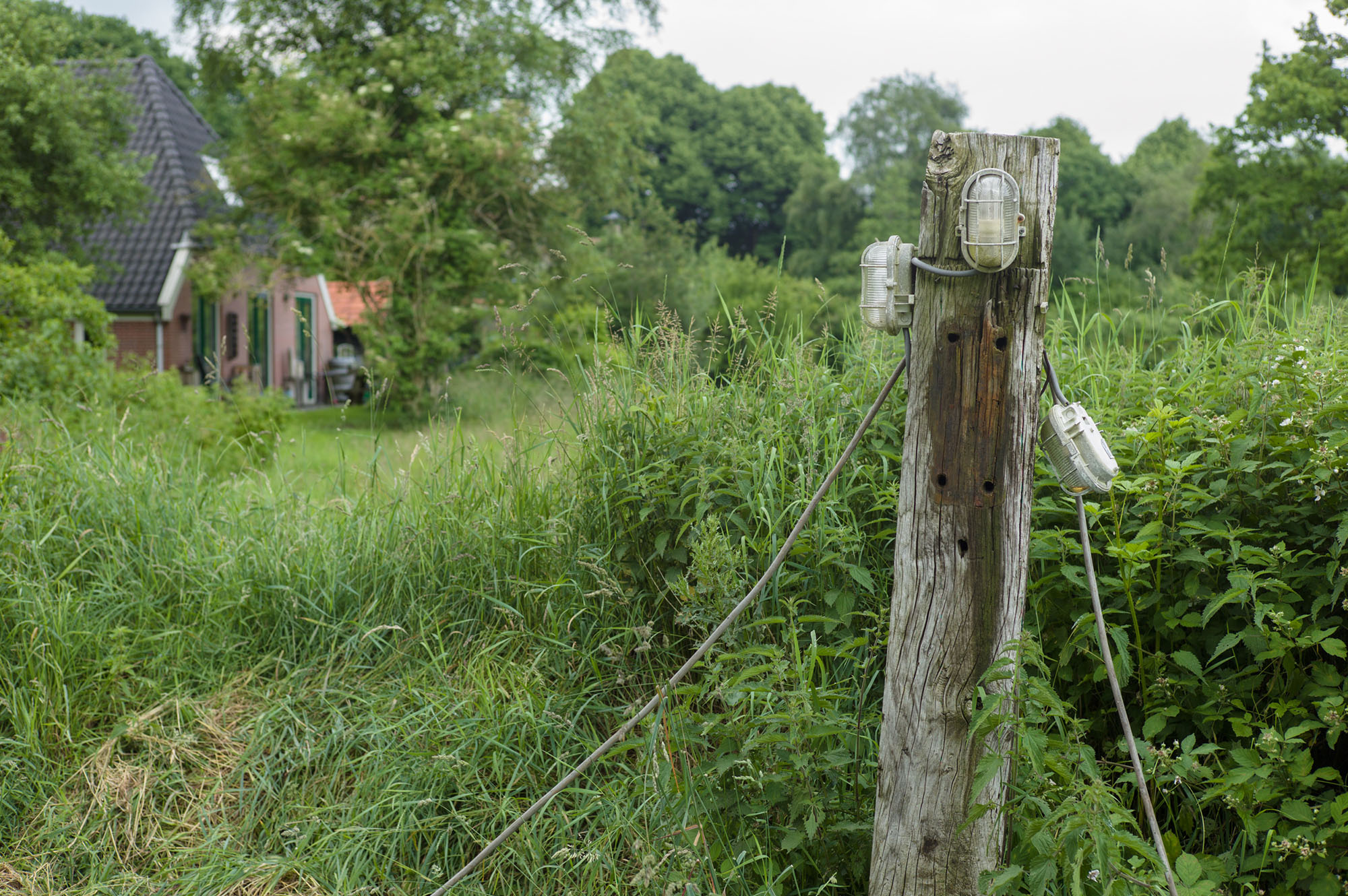 Een paal met een aantal lampen lampen er op.